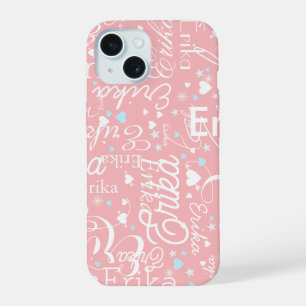 Pink Girly Calligraphy Typography Name Pattern iPhone 15 Case
