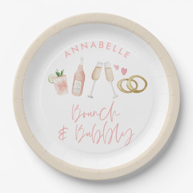 Pink girly cocktail brunch and bubbly bridal  paper plate (Front)