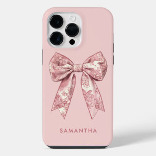 Pink Girly Coquette Toile de Jouy Bow with Name iPhone 14 Pro Max Case