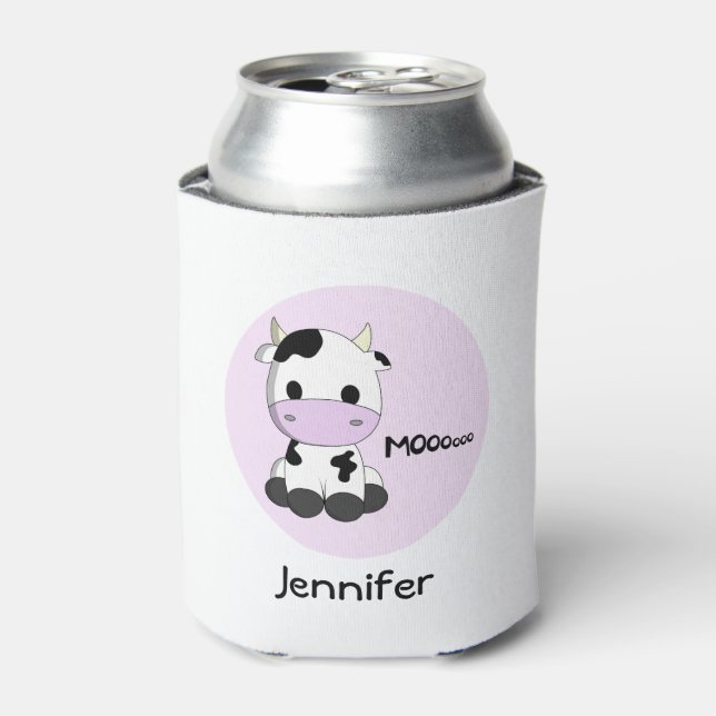 Pink girly cow cartoon kids can cooler (Can Front)