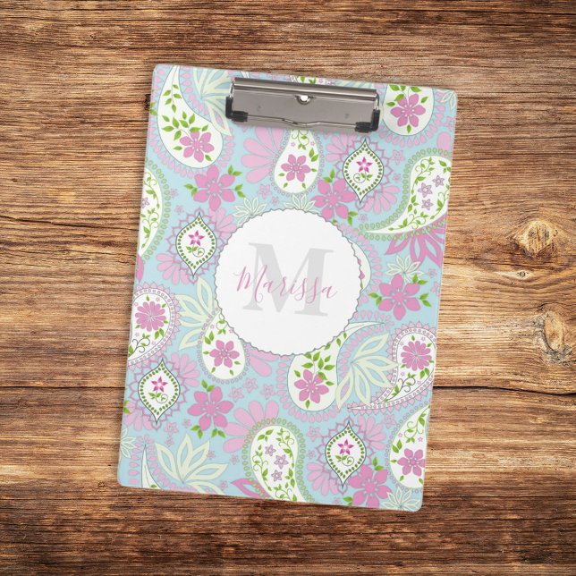 Pink Girly Cute Chic Preppy Paisley Monogram  Clipboard (Creator Uploaded)