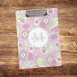 Pink Girly Cute Chic Preppy Paisley Monogram Clipboard
