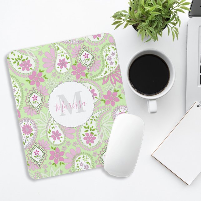 Pink Girly Cute Chic Preppy Paisley Monogram Mouse Pad (Creator Uploaded)