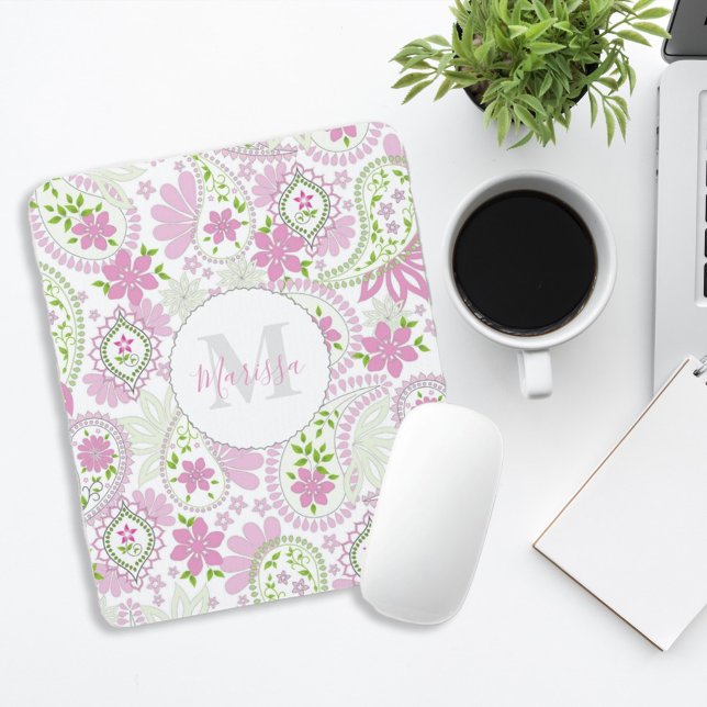 Pink Girly Cute Chic Preppy Paisley Monogram  Mouse Pad (Creator Uploaded)
