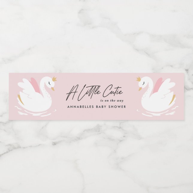 Pink girly cute swan elegant baby shower party water bottle label (Single Label)
