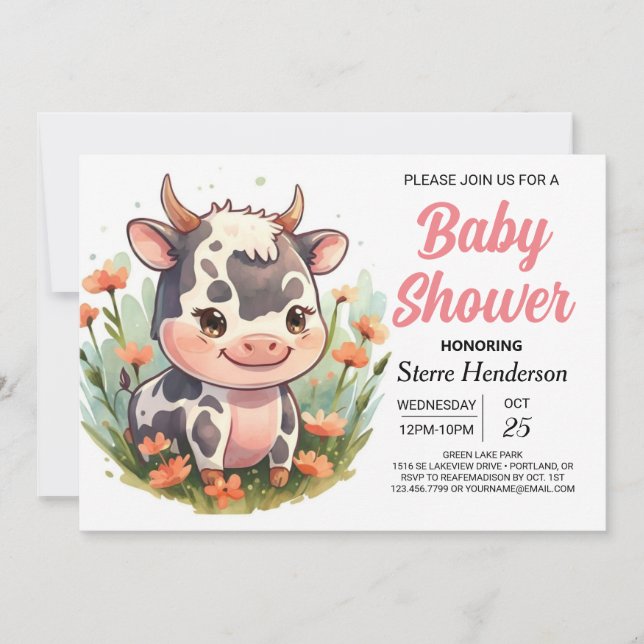 Pink Girly Elegant Cow Baby Shower Invitation (Front)