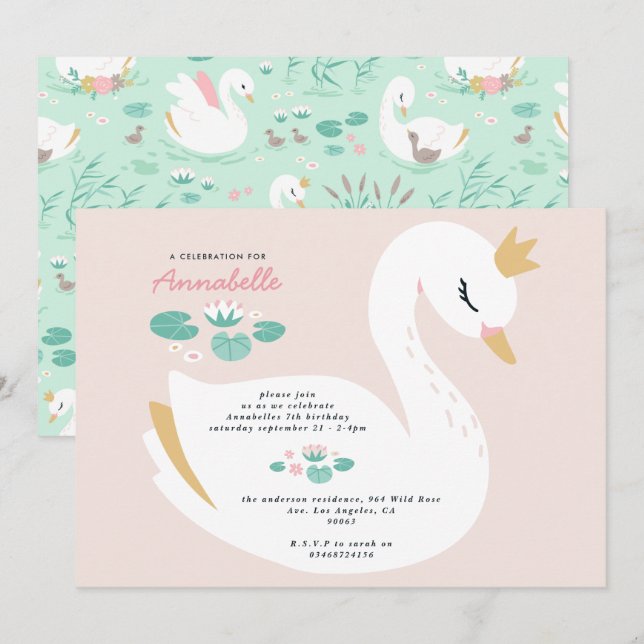 Pink girly elegant cute beautiful swan children's  invitation (Front/Back)