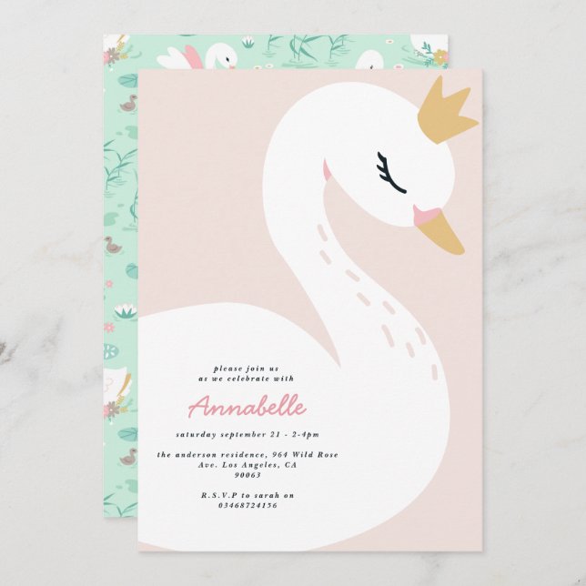 Pink girly elegant photo beautiful swan children invitation (Front/Back)