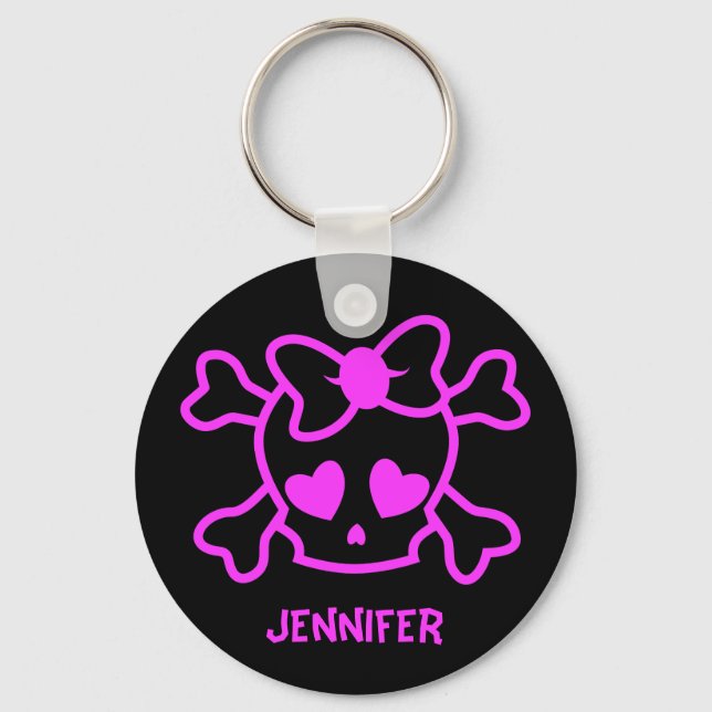 Pink girly emo skull with bow name girl key ring (Front)