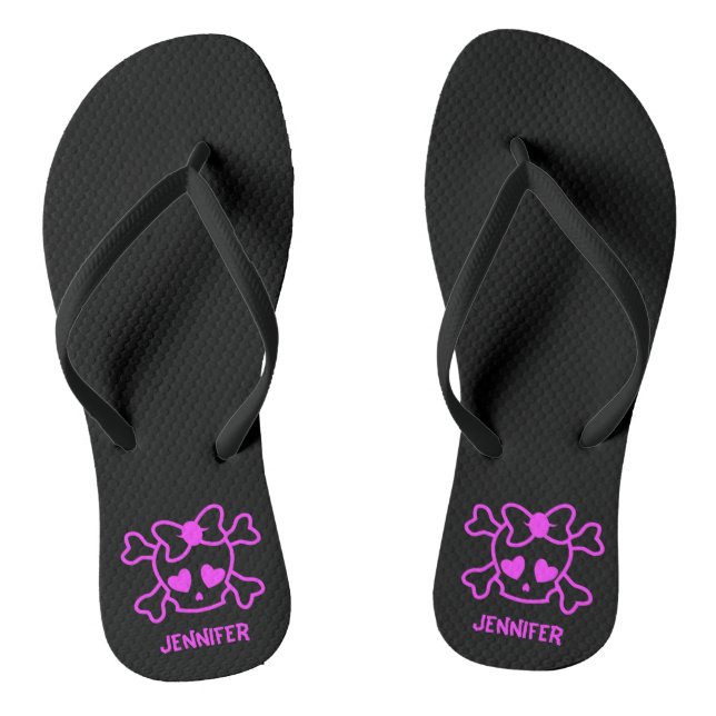 Pink girly emo skull with bow name teen girl jandals (Footbed)