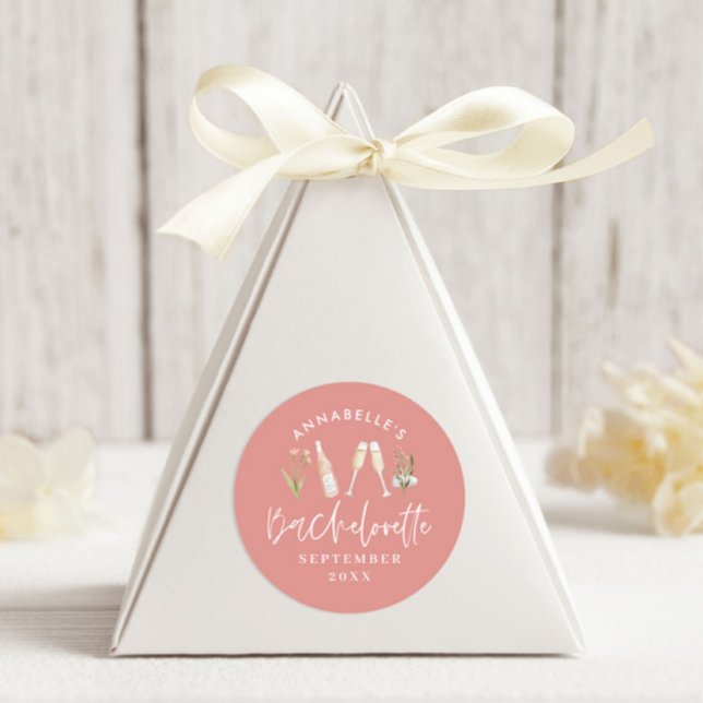 Pink girly floral champagne bachelorette stylish classic round sticker (Creator Uploaded)