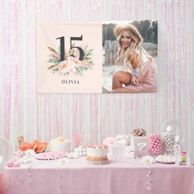 Pink girly floral photo elegant birthday banner (Party)