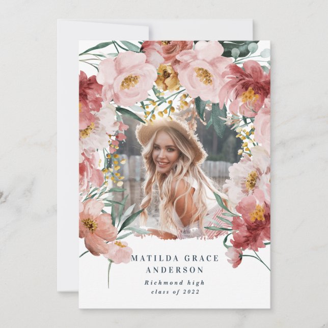 Pink girly floral photo graduation announcement (Front)