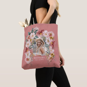 Pink girly floral photo graduation party elegant  tote bag