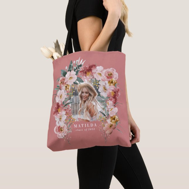 Pink girly floral photo graduation party elegant  tote bag (Close Up)