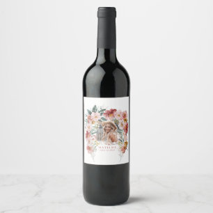 Pink girly floral photo graduation party elegant wine label