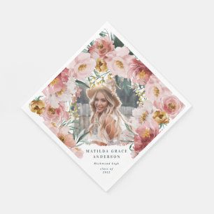 Pink girly floral photo graduation party napkin
