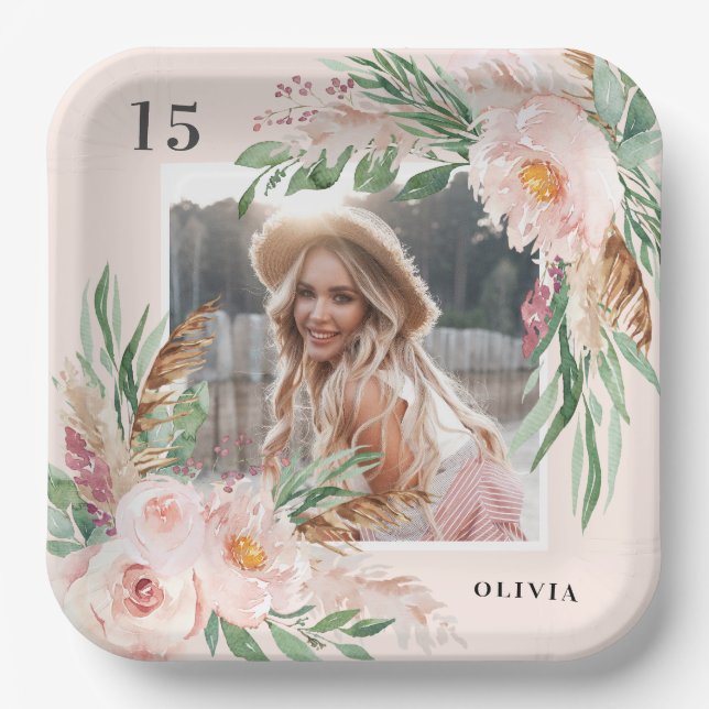 Pink girly floral photo pampas elegant modern paper plate (Front)