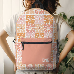 Pink Girly Floral Squares Groovy Monogram Printed Backpack