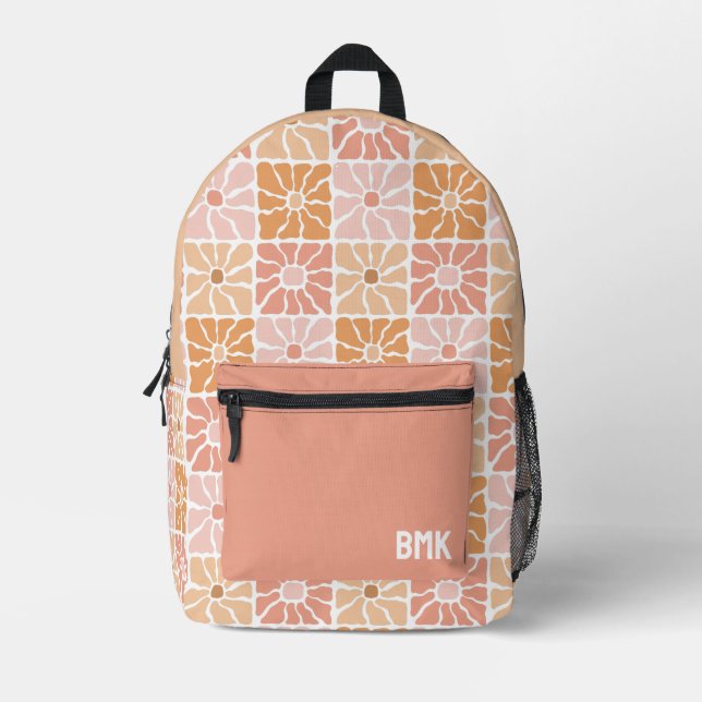 Pink Girly Floral Squares Groovy Monogram Printed Backpack (Front)