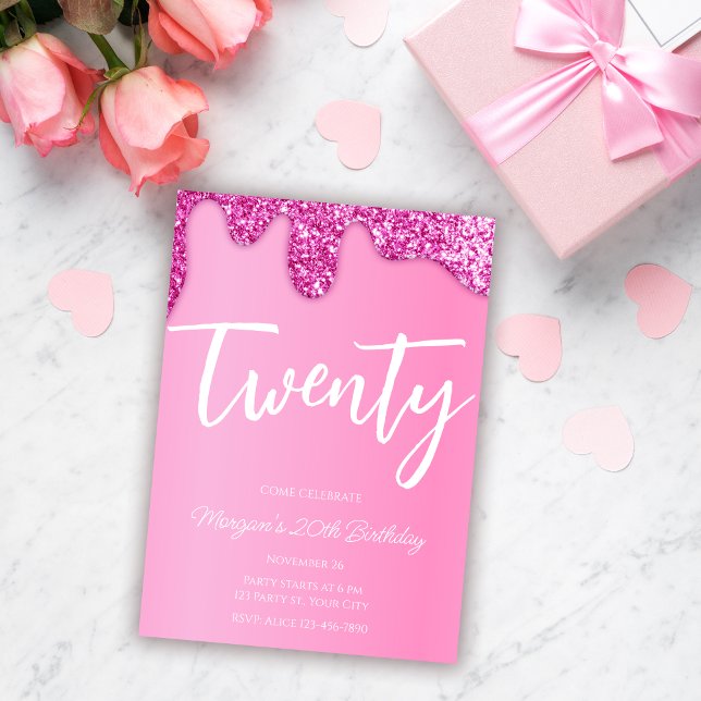 Pink Girly Glitter 20th Birthday Party Invitation (Creator Uploaded)