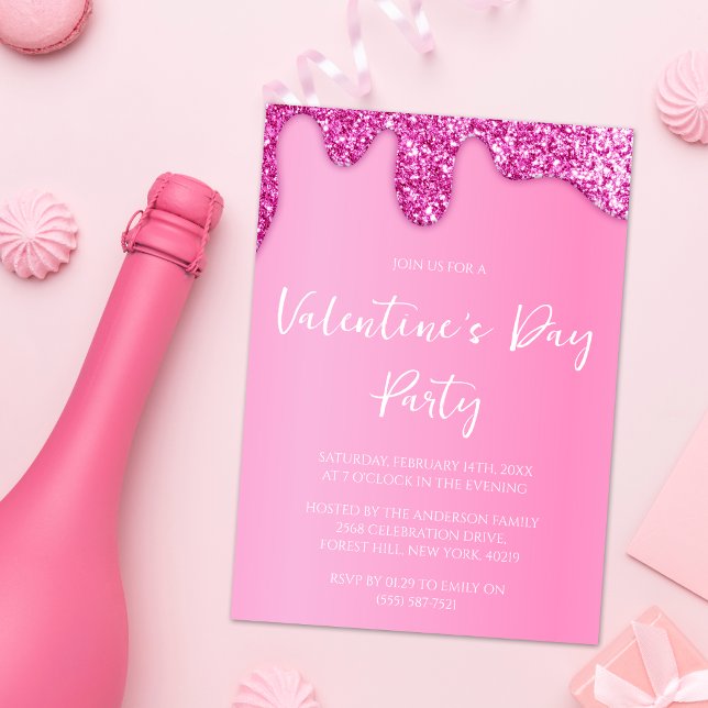 Pink Girly Glitter Valentine's Day Party Invitation (Creator Uploaded)