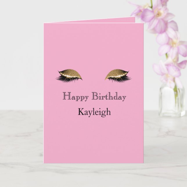 Pink Girly Gold Glam Glitter Eyelashes Birthday Card (Orchid)