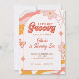 Pink Girly Groovy 6th Birthday Party Invitation
