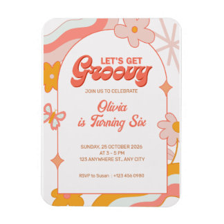 Pink Girly Groovy 6th Birthday Party Invitation Magnet