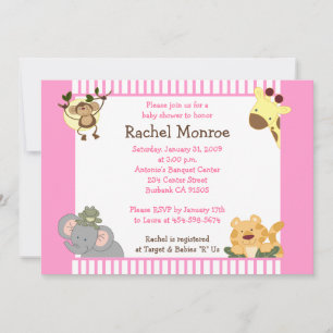 Pink Girly Jungle Safari Friends 5x7 Baby Shower Invitation