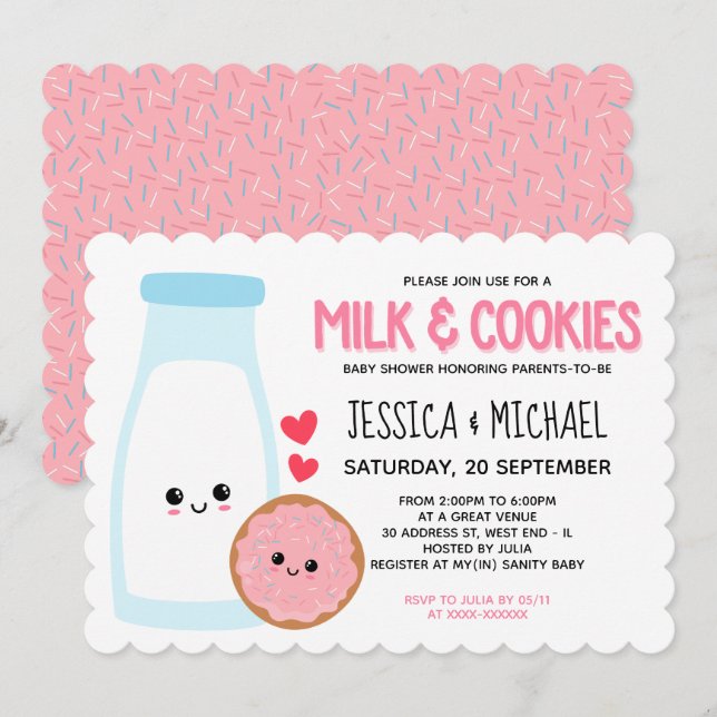 Pink Girly Kawaii Milk And Cookies Baby Shower Invitation (Front/Back)
