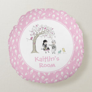 Pink Girly Kids Birds Tree Swing Personalised Round Cushion