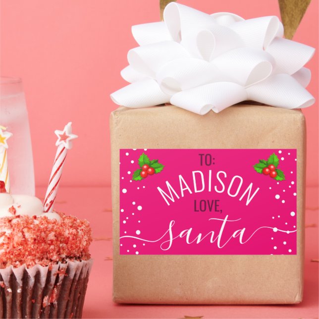 Pink & Girly "Love, Santa" Custom Name Holiday Rectangular Sticker (Party)