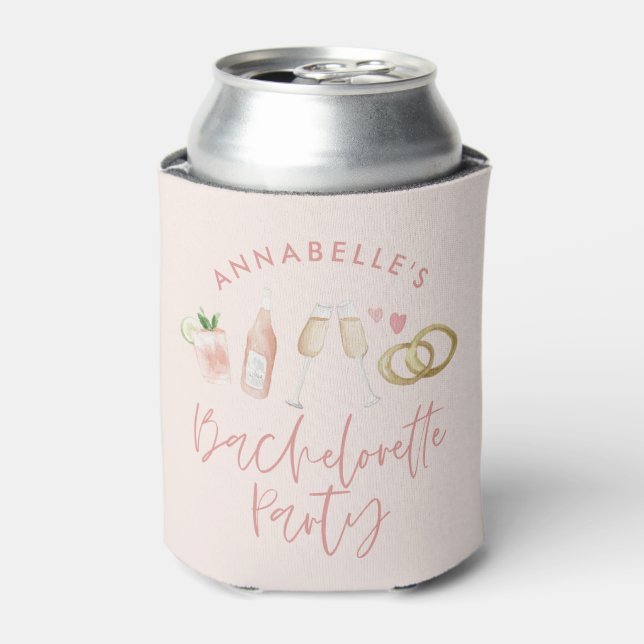 Pink girly modern cocktail script bachelorette can cooler (Can Front)