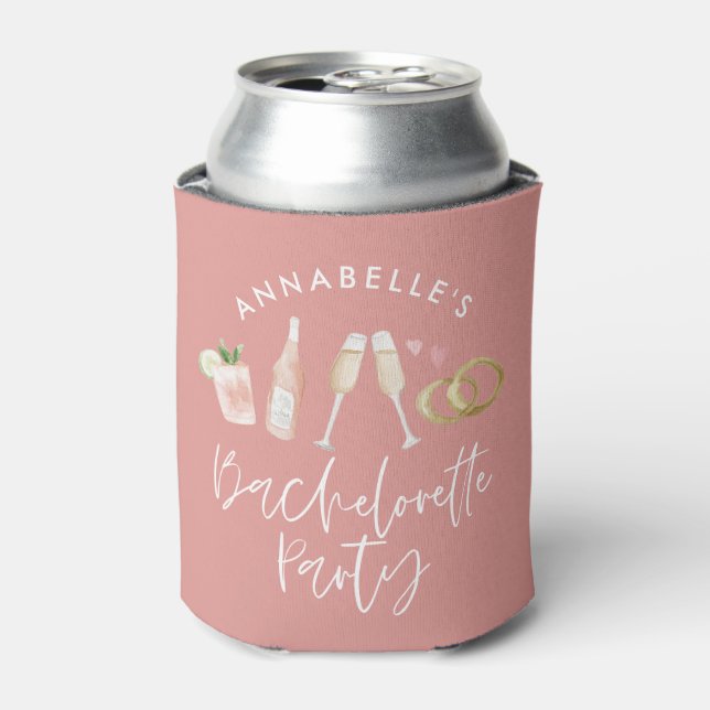 Pink girly modern cocktail script bachelorette can cooler (Can Front)