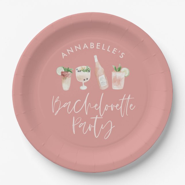 Pink girly modern cocktail script bachelorette paper plate (Front)