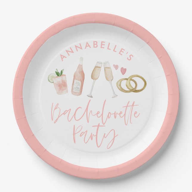 Pink girly modern cocktail script bachelorette paper plate (Front)