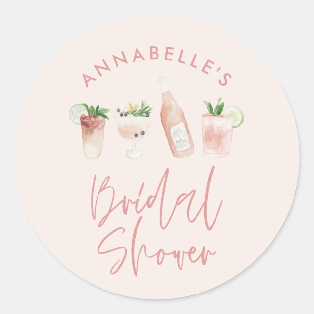 Pink girly modern cocktail script bridal shower classic round sticker (Front)