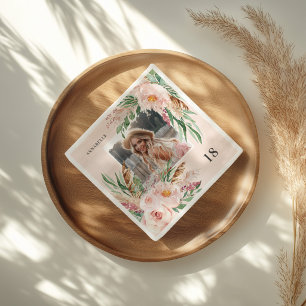 Pink girly modern elegant boho floral photo napkin