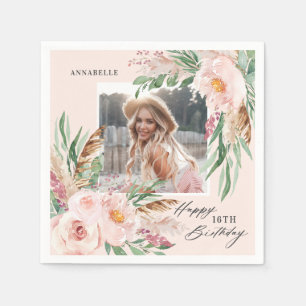 Pink girly modern elegant boho floral photo napkin