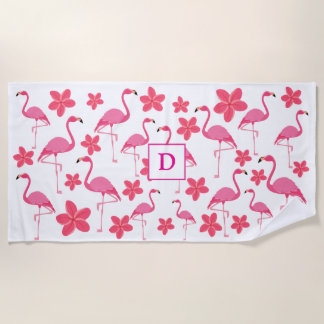 Pink girly monogram flamingo pattern beach towel