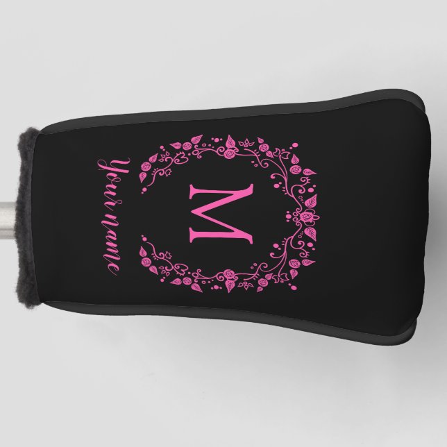 Pink girly monogram on black golf head cover (Front)