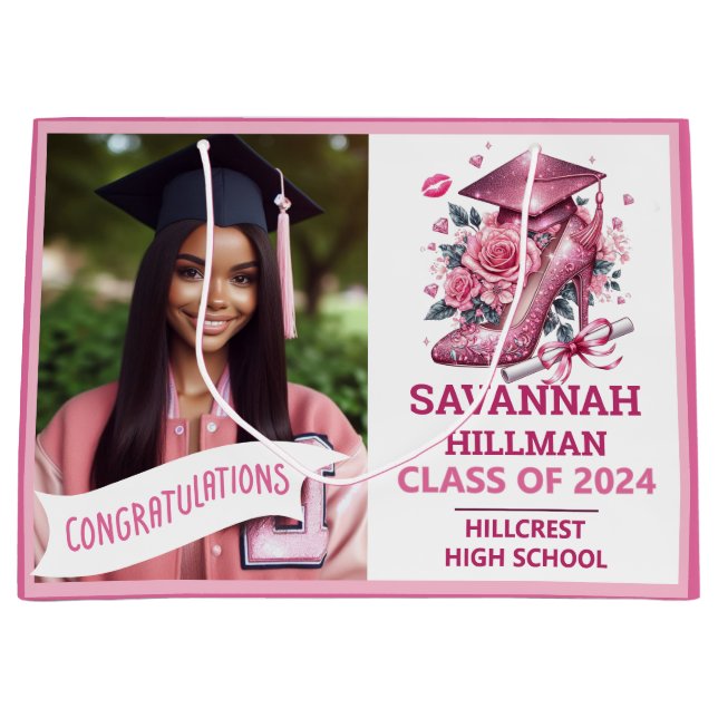 Pink Girly Photo Custom Luxury Graduation Large Gift Bag (Front)