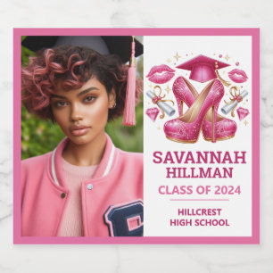 Pink Girly Photo Custom Luxury Graduation Sparkling Wine Label