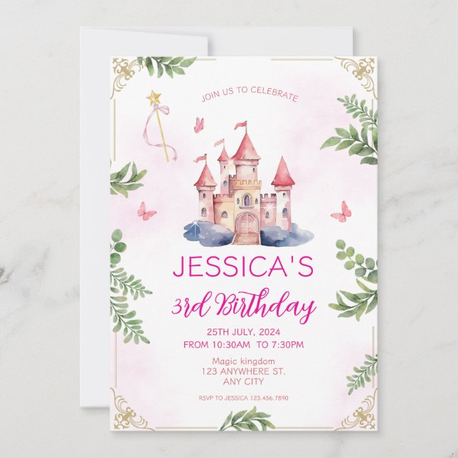 Pink Girly Princess Fairytale Girls Kids Birthday Invitation (Front)