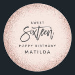 Pink girly rose gold glitter 16th birthday classic round sticker<br><div class="desc">Pink girly rose gold glitter 16th birthday</div>