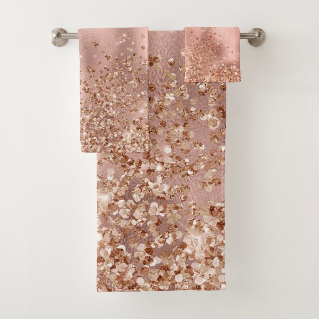 Pink Girly Rose Gold Glitter Chic Sparkle Bath Towel Set (Insitu)
