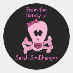 Pink Girly Skull with Bow Personalised Bookplates Classic Round Sticker