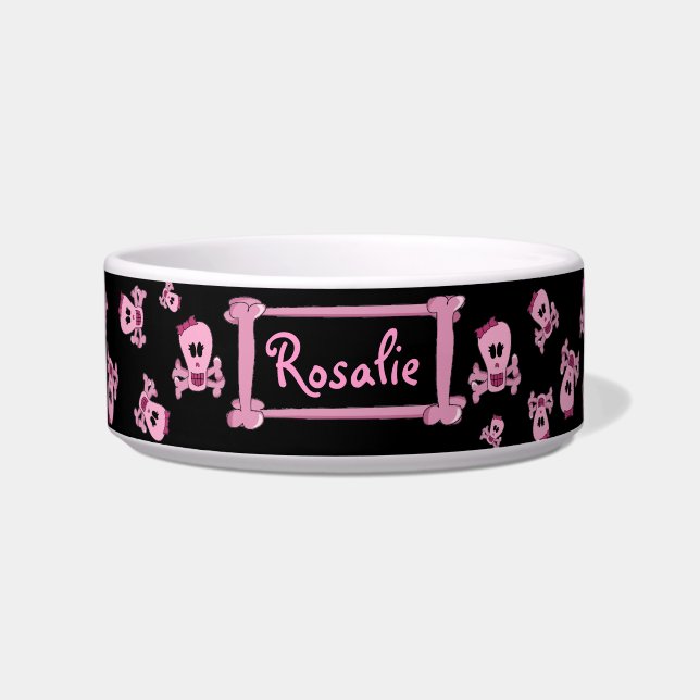 Pink Girly Skull with Bow Personalised Pet Bowl (Front)