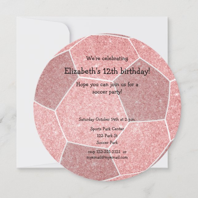 pink girly soccer themed birthday party announcement (Front)